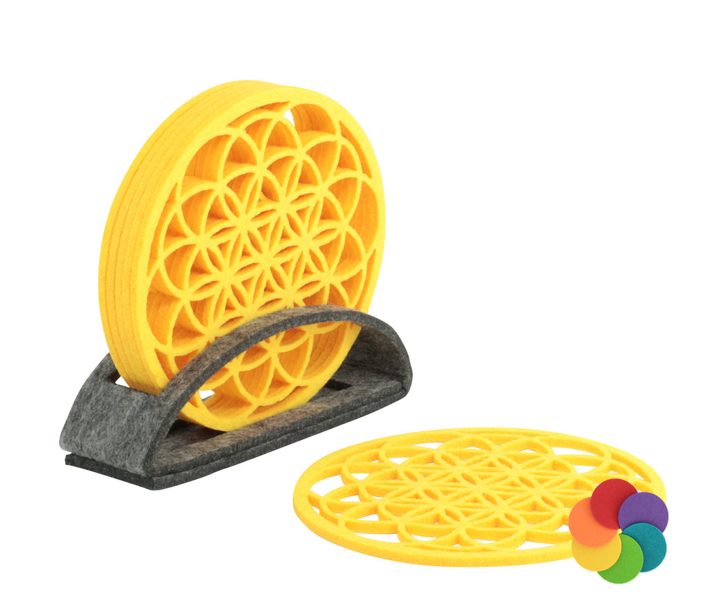 Filzuntersetzer Blume des Lebens – 7 Farben – Einzeln oder als Set mit Ständer – Made in Germany