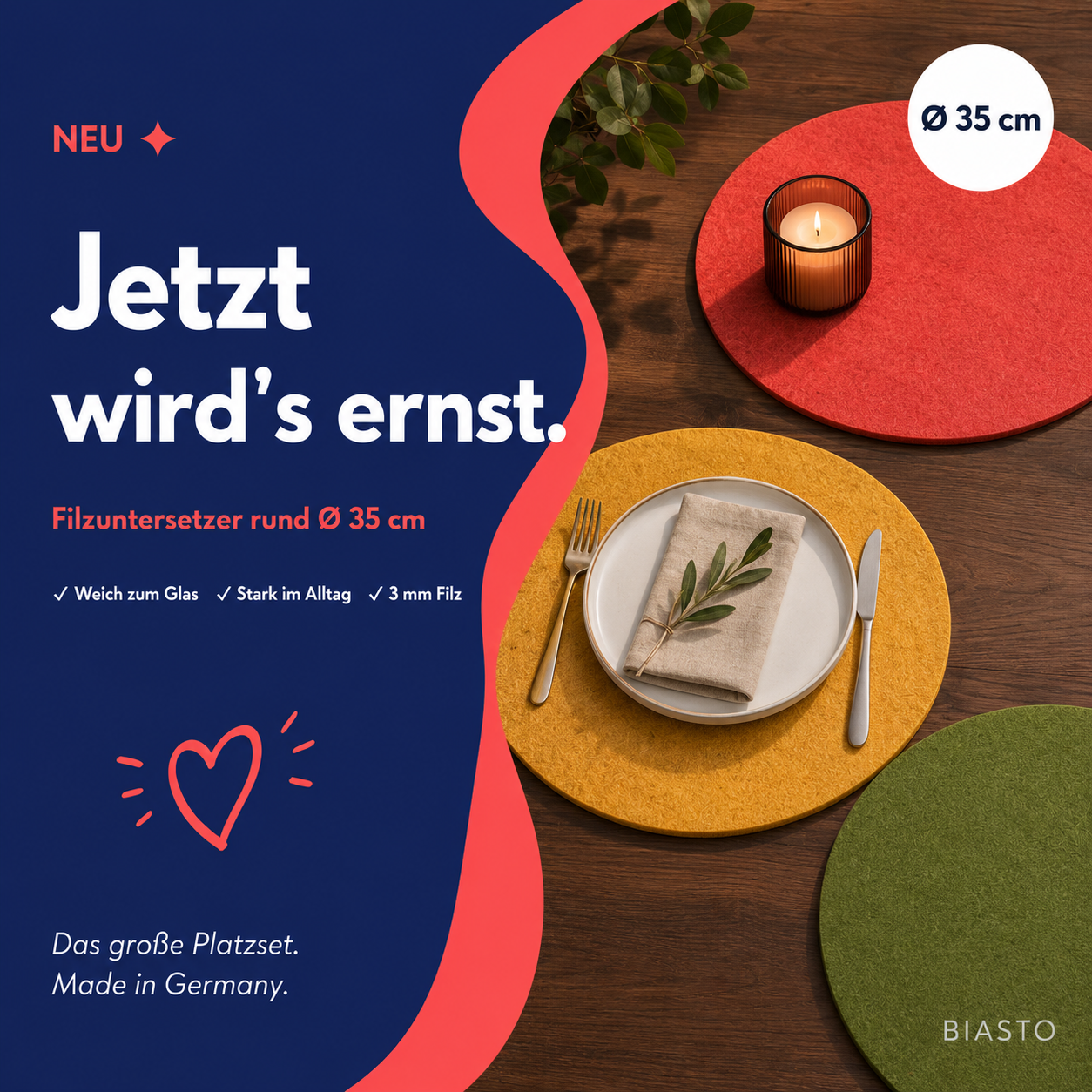 Filzuntersetzer rund Ø 35 cm – großes Platzset & Tischset – 55 Farben – Made in Germany