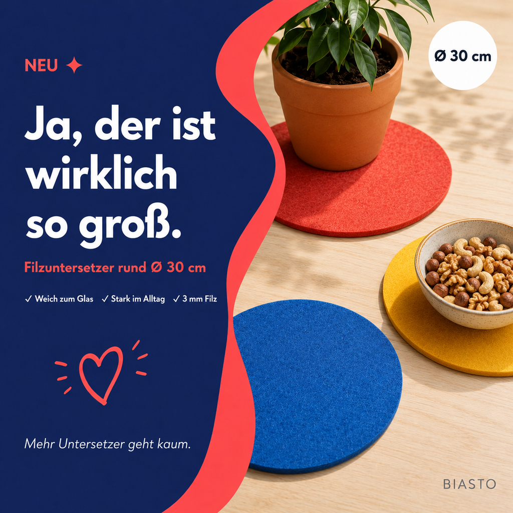 Filzuntersetzer rund Ø 30 cm – Platzset & Topfuntersetzer – 55 Farben – Made in Germany