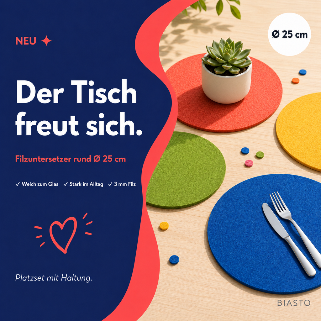 Filzuntersetzer rund Ø 25 cm – Platzset & Blumentopfuntersetzer – 55 Farben – Made in Germany