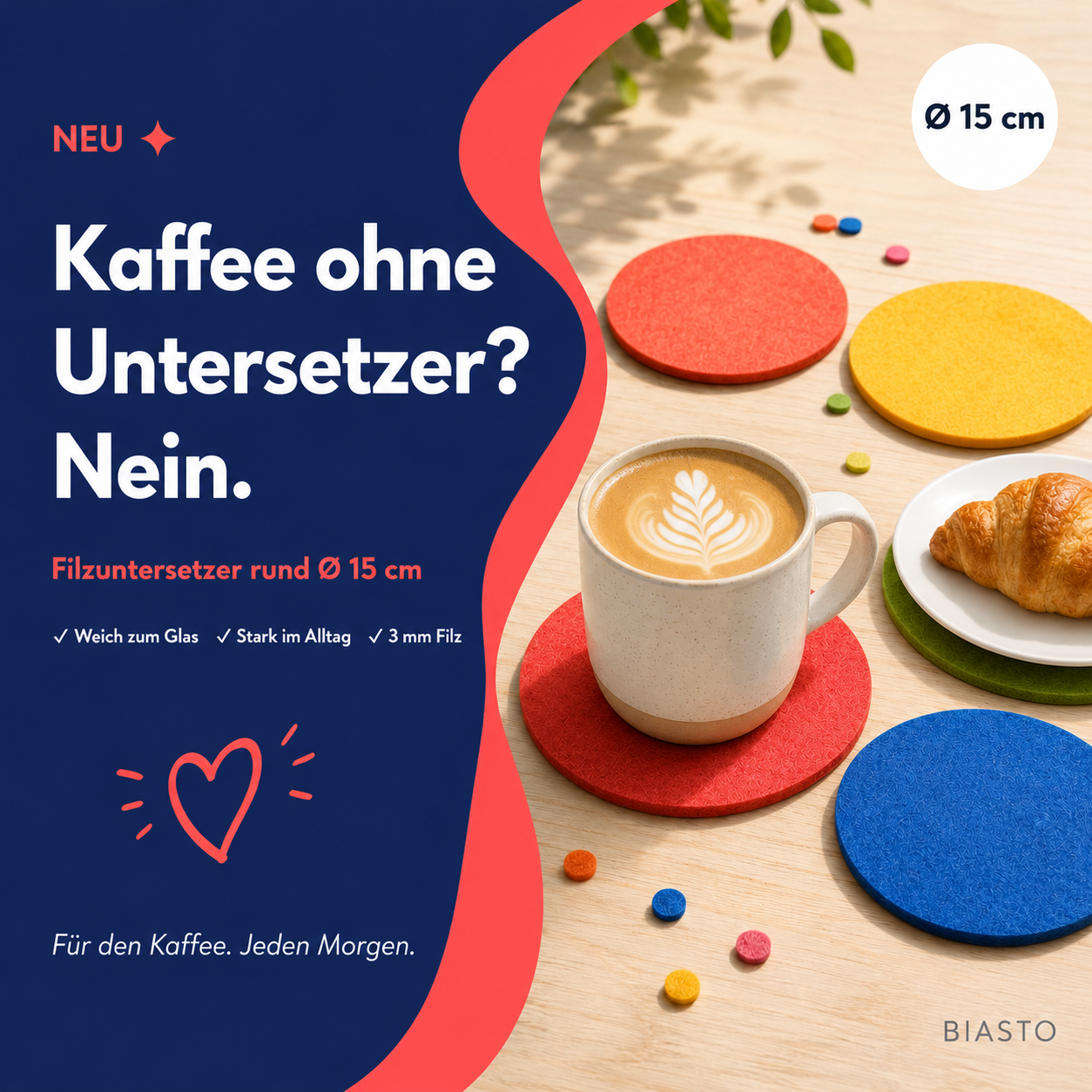 Filzuntersetzer rund Ø 15 cm – Tassen- & Vasenuntersetzer – 55 Farben – Made in Germany