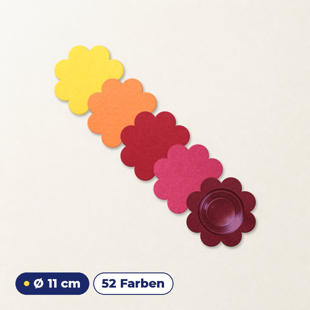 Filzuntersetzer Blume Ø 11 cm – Glasuntersetzer Blumenform – 52 Farben – Made in Germany