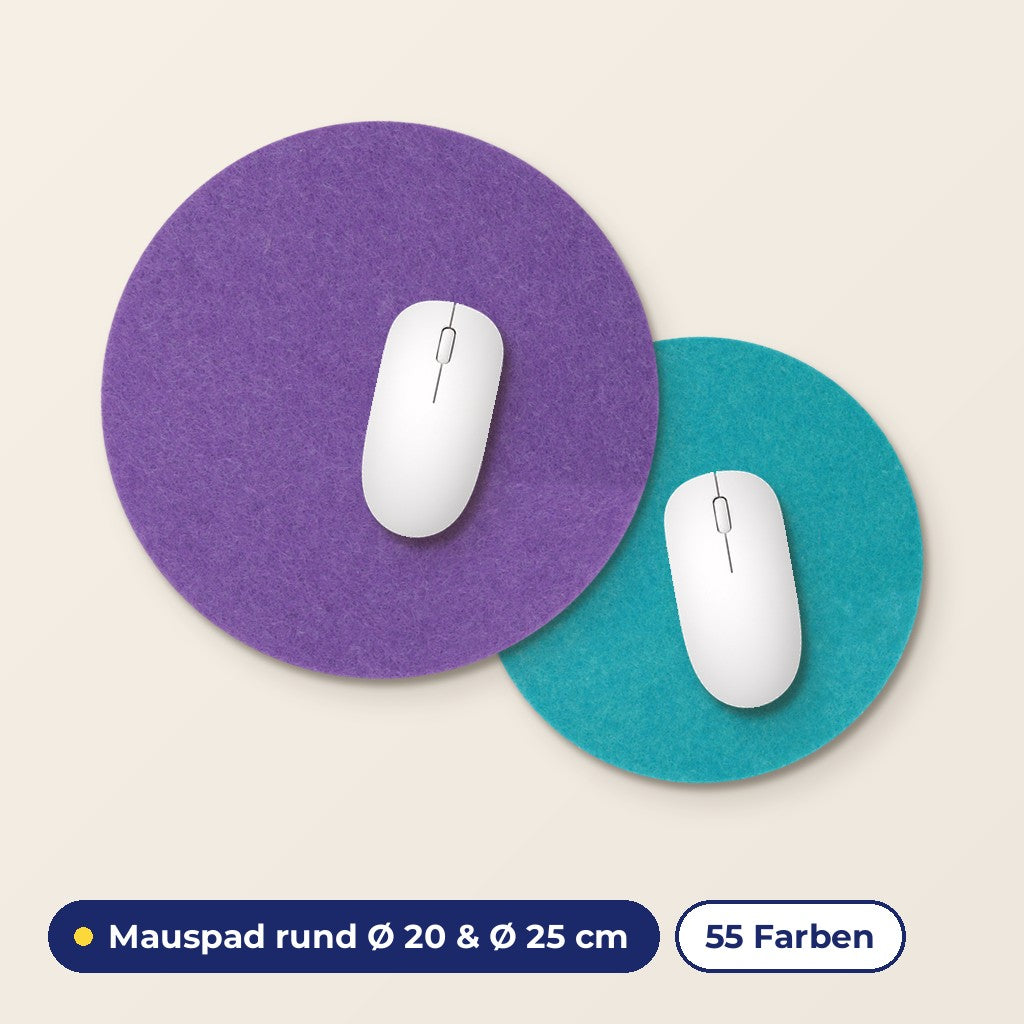BIASTO Filz-Mauspads rund in Lila (Ø 25 cm) und Lago (Ø 20 cm) mit weißer Maus