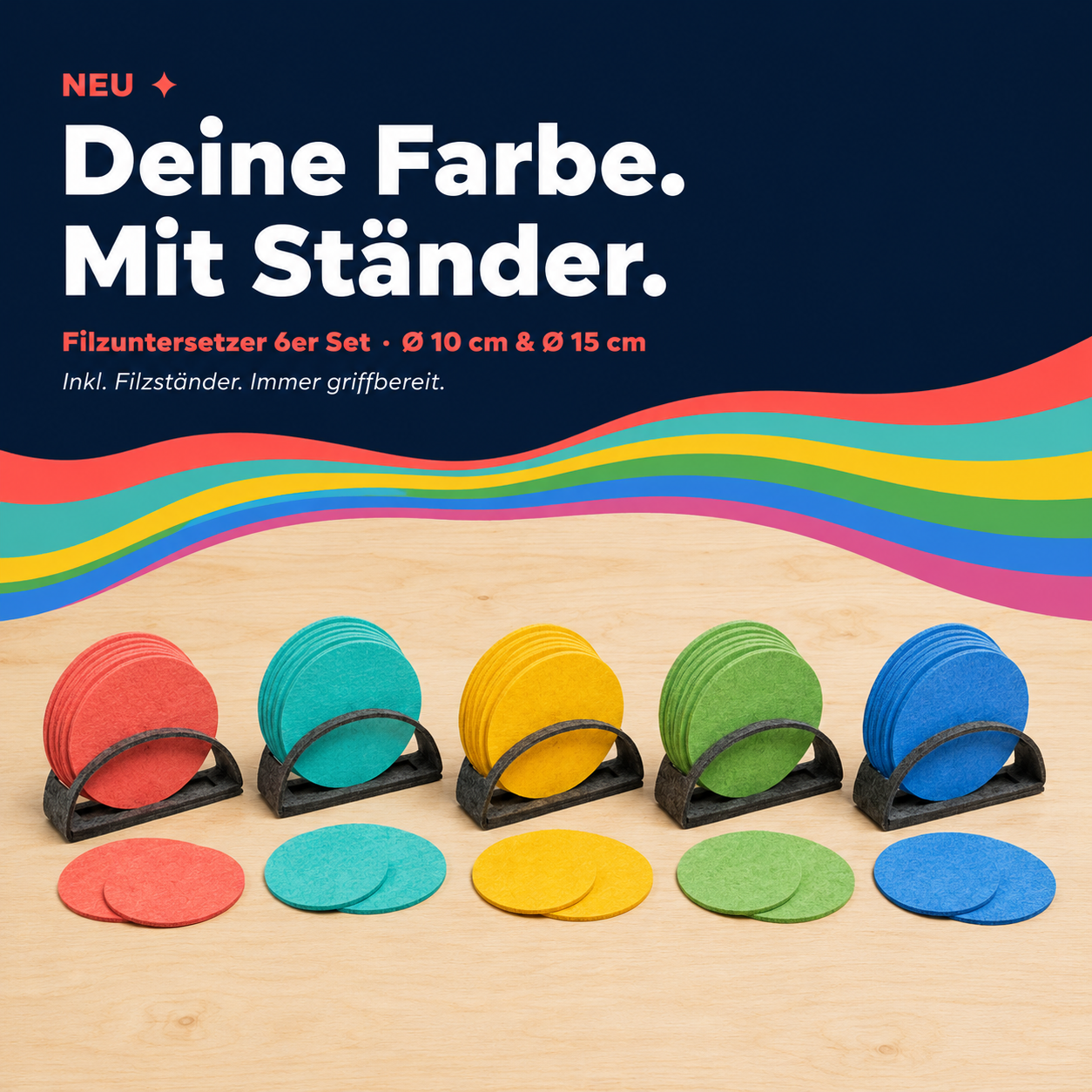 Filzuntersetzer rund Ø 15 cm – 6er Set – Glasuntersetzer als Geschenk – Made in Germany