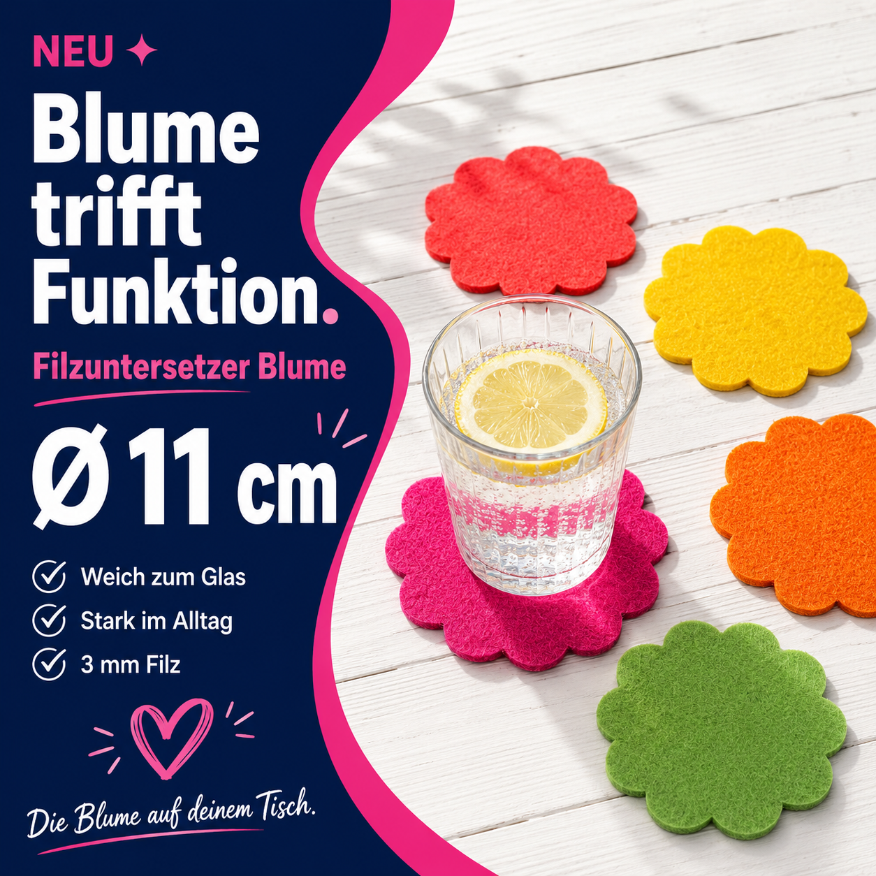 Filzuntersetzer Blume Ø 11 cm – Glasuntersetzer Blumenform – 52 Farben – Made in Germany