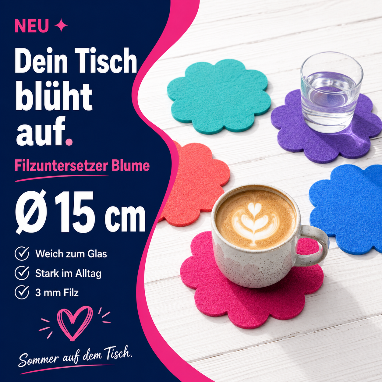 Filzuntersetzer Blume Ø 15 cm – Untersetzer Blumenform – 52 Farben – Made in Germany