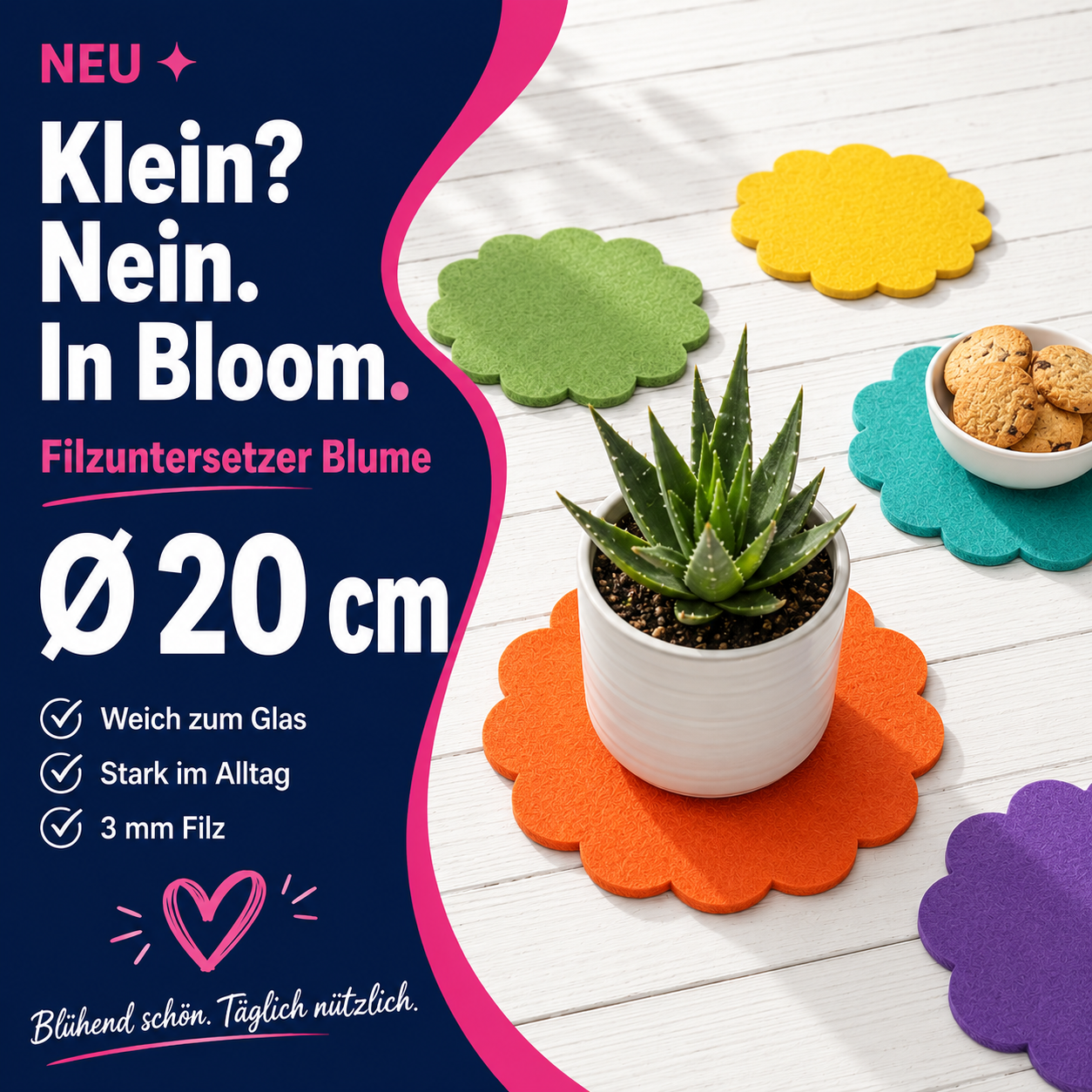 Filzuntersetzer Blume Ø 20 cm – Platzset Blumenform – 52 Farben – Made in Germany
