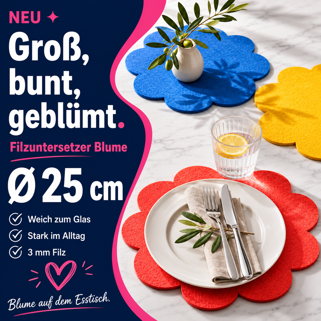 Filzuntersetzer Blume Ø 25 cm – Platzset & Tischdeko Blumenform – 52 Farben – Made in Germany