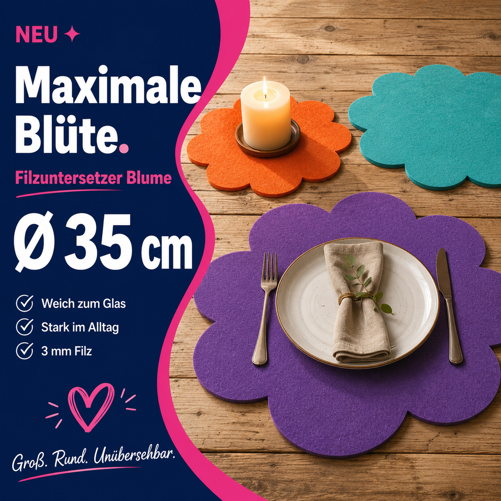 Filzuntersetzer Blume Ø 35 cm – großes Platzset Blumenform – 52 Farben – Made in Germany
