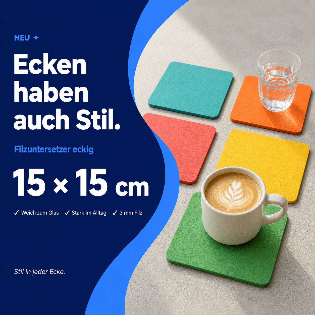Filzuntersetzer eckig 15×15 cm – quadratischer Untersetzer aus Filz – 47 Farben – Made in Germany
