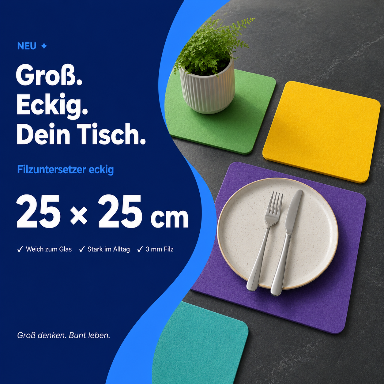 Filzuntersetzer eckig 25×25 cm – großes Platzset quadratisch – 47 Farben – Made in Germany