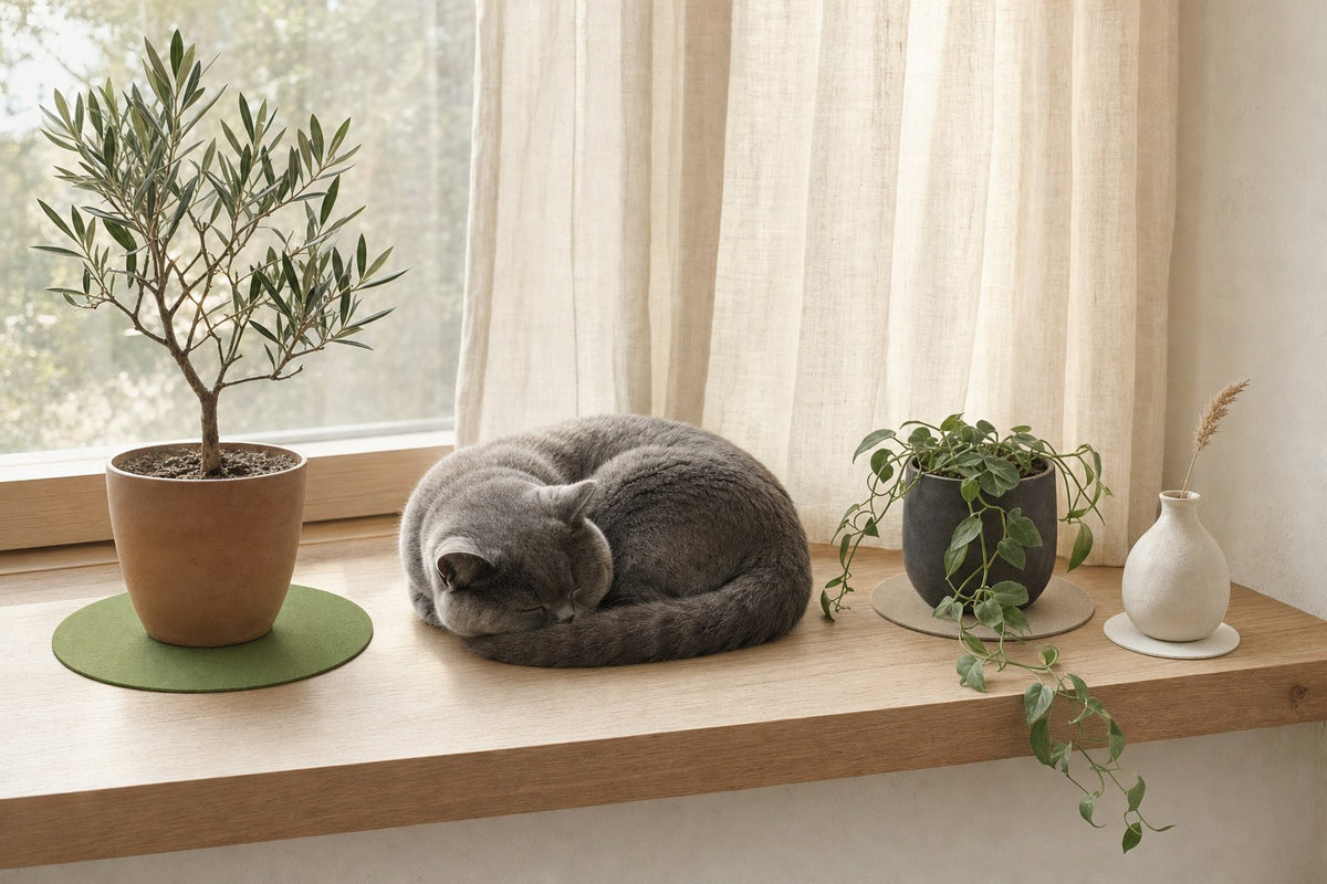 Fensterbank aus Eiche im Japandi-Stil mit Olivenbaum auf Filzuntersetzer in Olive, Pflanze auf Untersetzer in Natur, Vase auf Untersetzer in Wollweiß und schlafender grauer Katze