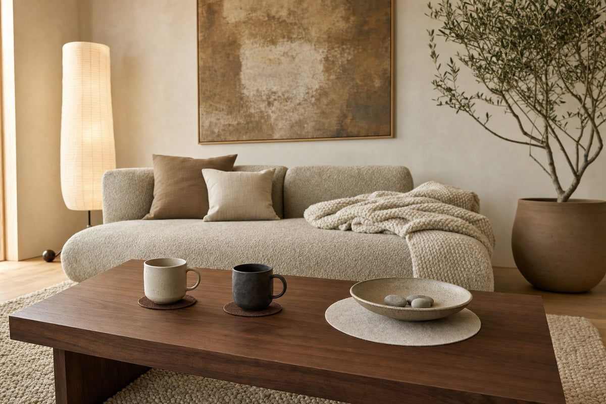 Wohnzimmer im Japandi-Stil: Couchtisch aus Nussbaum mit Filzuntersetzern in Braun meliert und Kamelhaar, Sofa in Greige, Olivenbaum im Tontopf