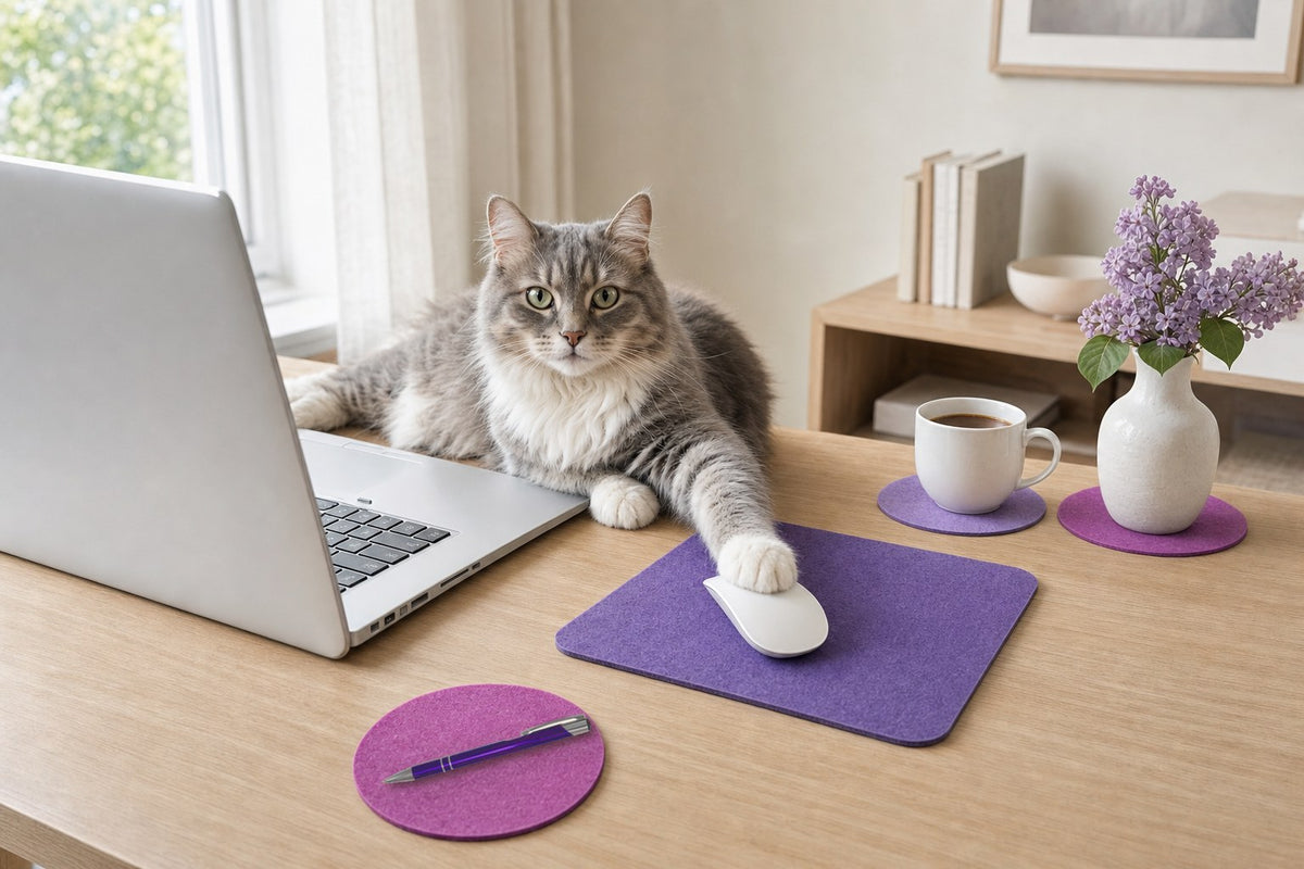 Filz-Mauspad 25 × 25 cm in Lila auf dem Schreibtisch – die Katze hat die Pfote auf der Maus