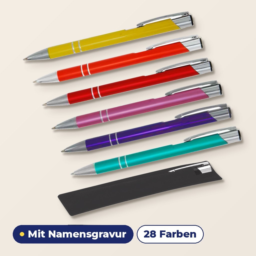 LIBO Kugelschreiber mit Namensgravur in Gelb, Orange, Rot, Rosa, Violett und Aquamarin mit schwarzer Samthülle – 28 Farben | BIASTO