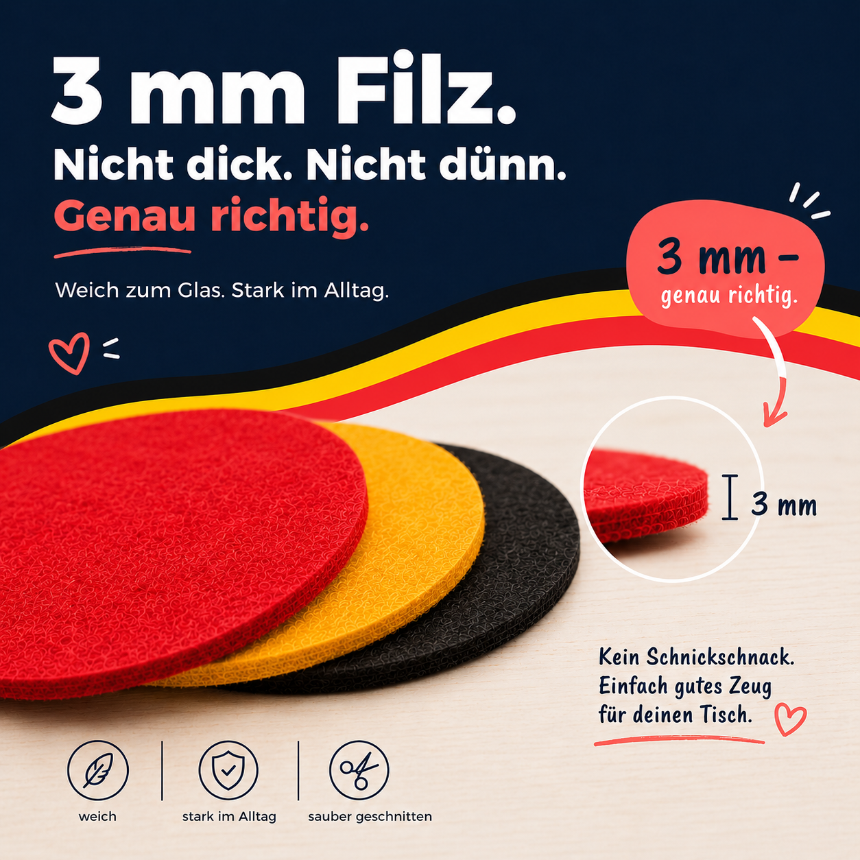 BIASTO LänderLaune Filzuntersetzer 9er Set – Fan-Deko in Landesfarben