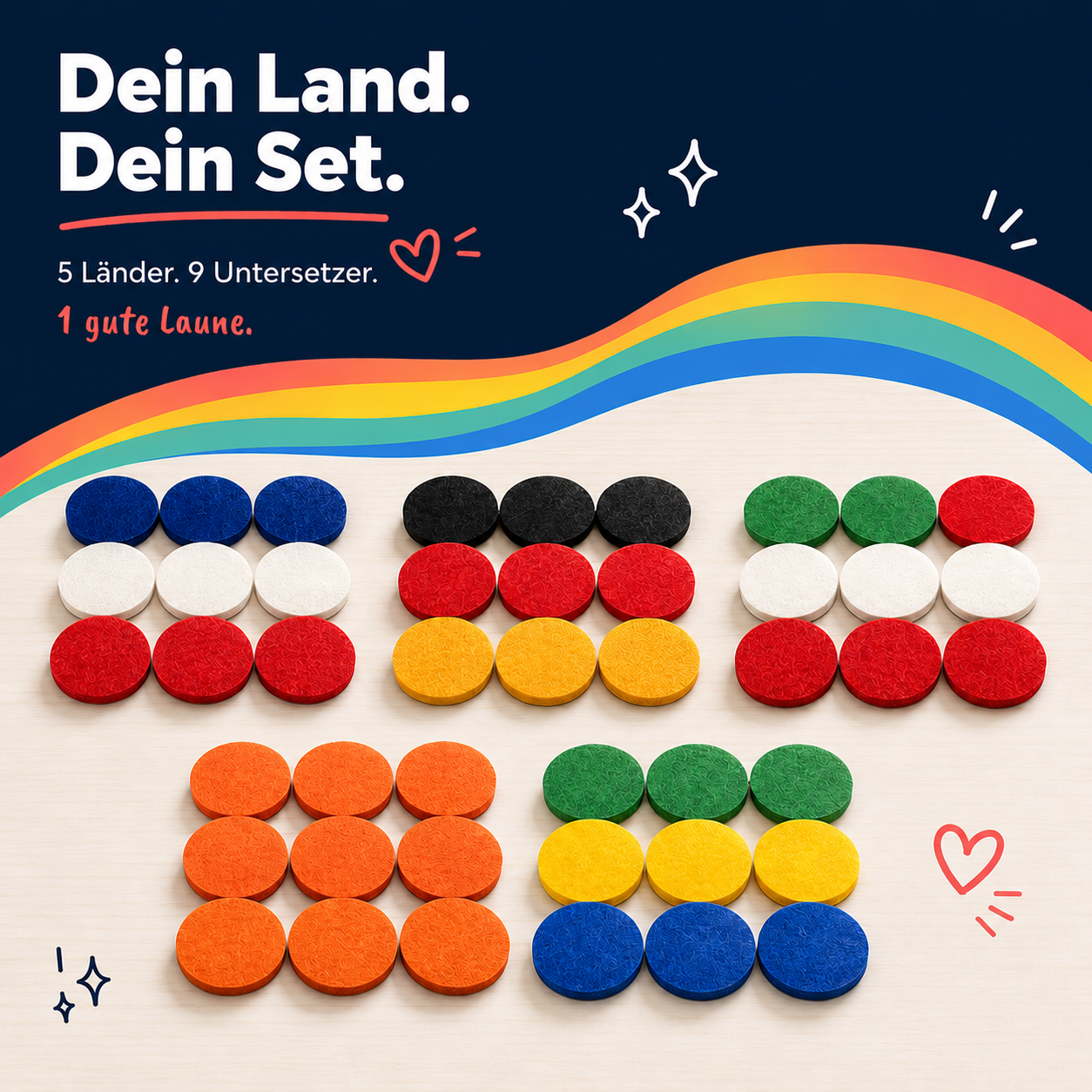 BIASTO LänderLaune Filzuntersetzer 9er Sets – Deutschland, Frankreich, Italien, Niederlande Oranje, Brasilien – runde Filzuntersetzer Ø 10 cm