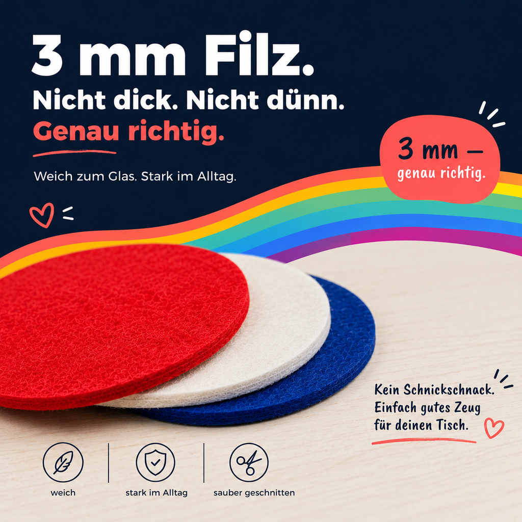 BIASTO LänderLaune Filzuntersetzer Frankreich – 3 mm Polyesterfilz – Weich zum Glas stark im Alltag – Blau Weiß Rot