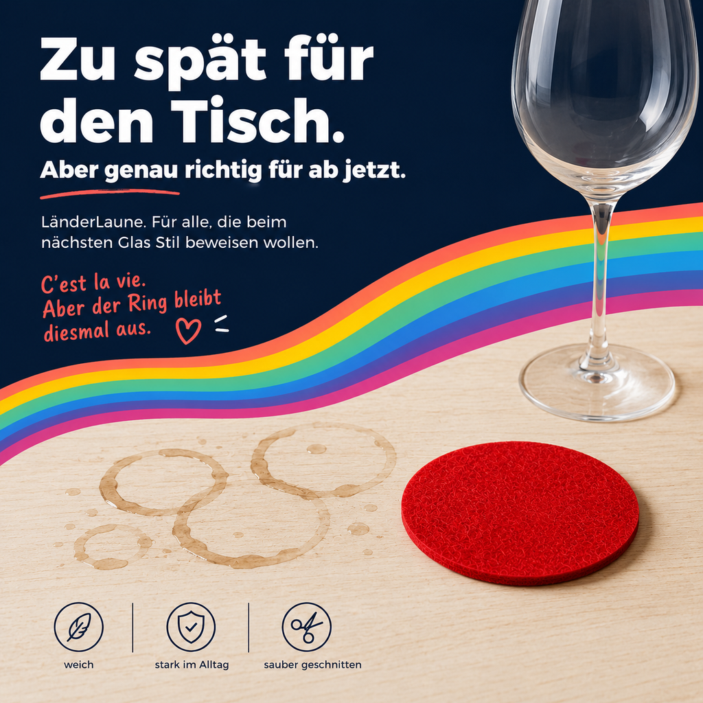 BIASTO LänderLaune Filzuntersetzer 9er Set Frankreich – Zu spät für den Tisch – Blau Weiß Rot Untersetzer