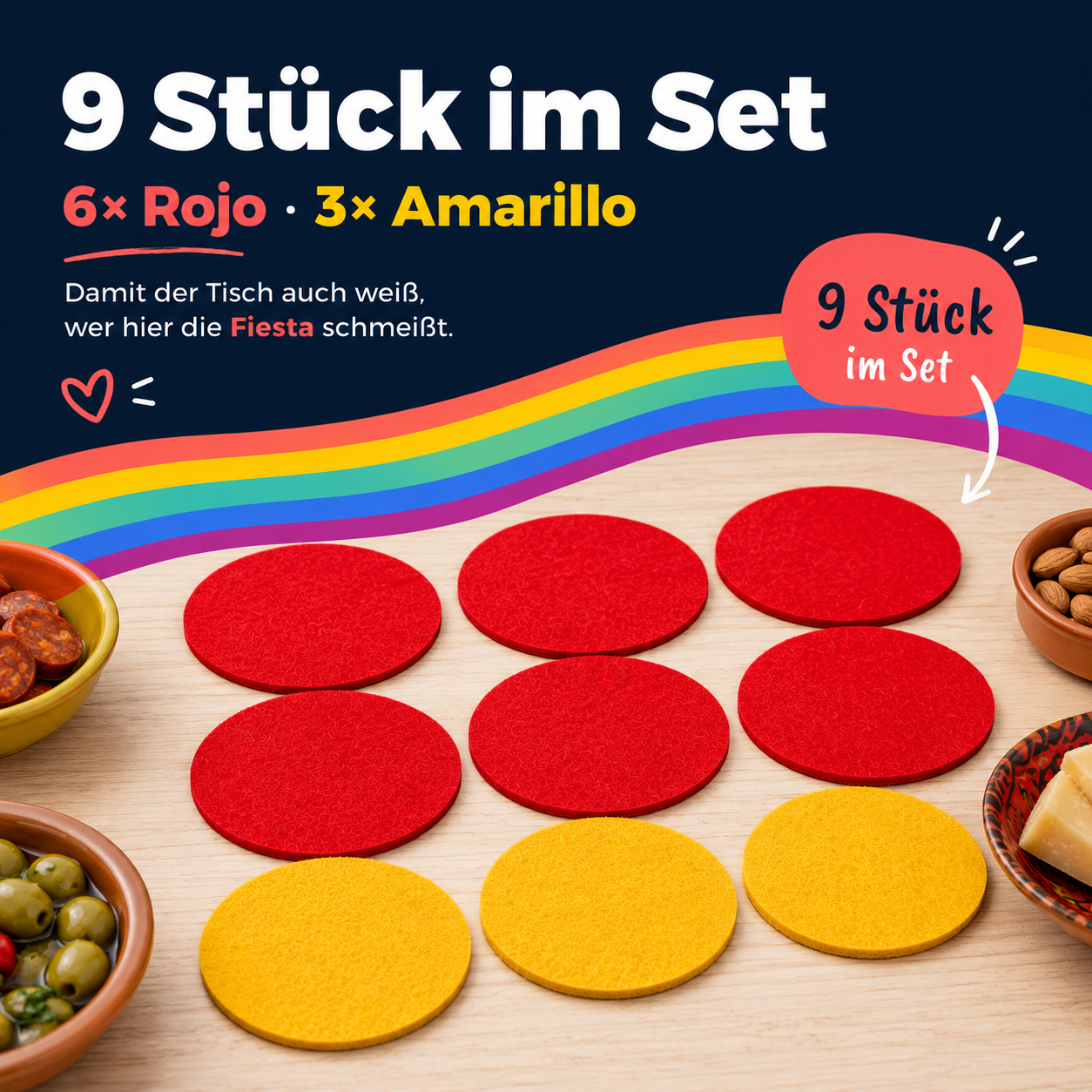 BIASTO LänderLaune Filzuntersetzer 9er Set – Fan-Deko in Landesfarben