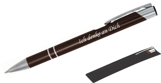 Kugelschreiber LIBO mit Namens-Gravur in Samthülle in Braun