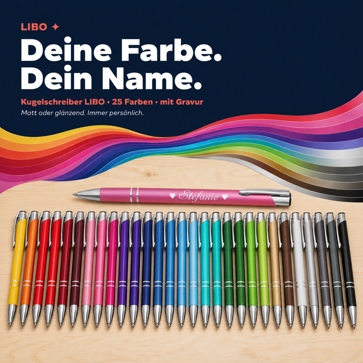 Kugelschreiber LIBO mit Namens-Gravur in Samthülle – 28 Farben