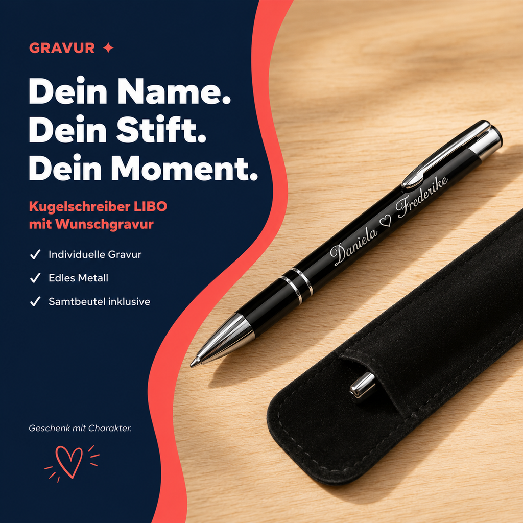 Kugelschreiber LIBO mit Namens-Gravur in Samthülle – 28 Farben